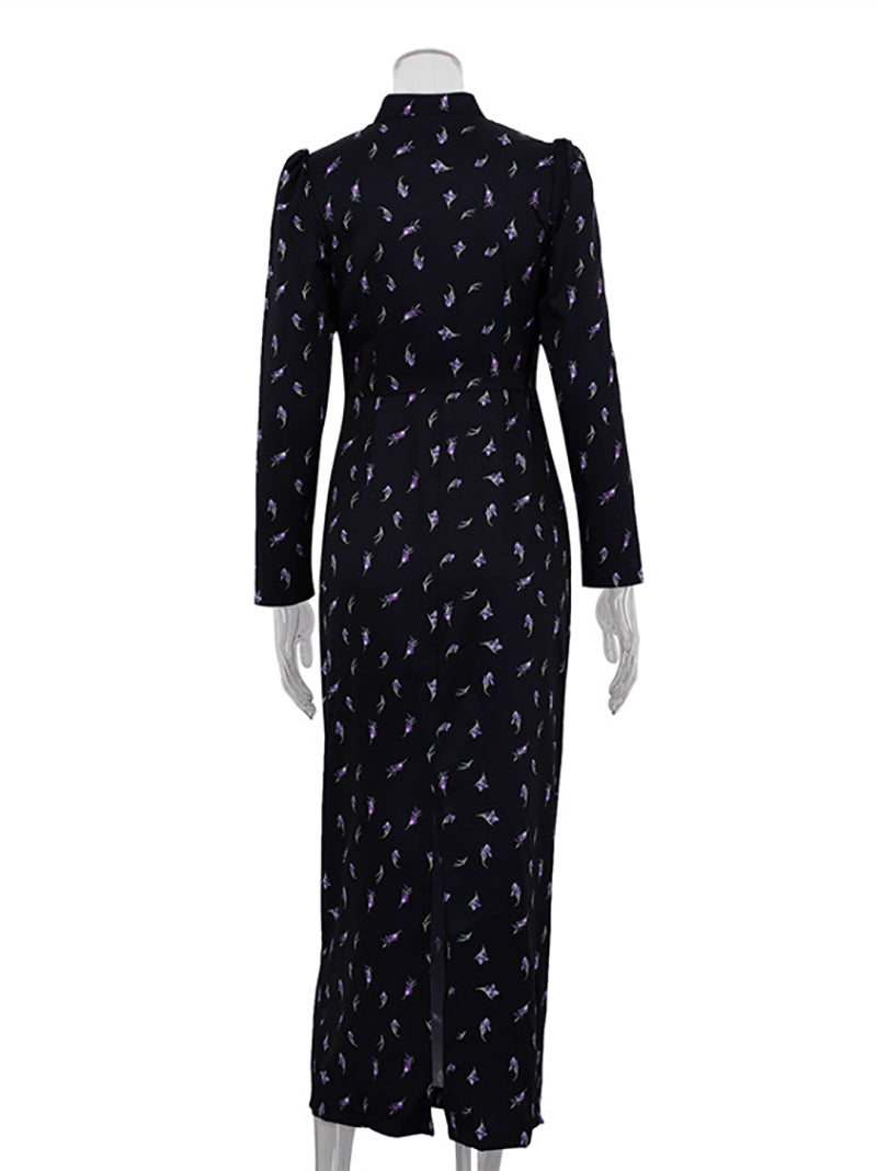 Elegant Stand Collar Lace-up Print Slim Maxi Dress