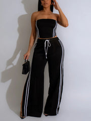 Stripe Tube Top And Wide-Leg Pants Set