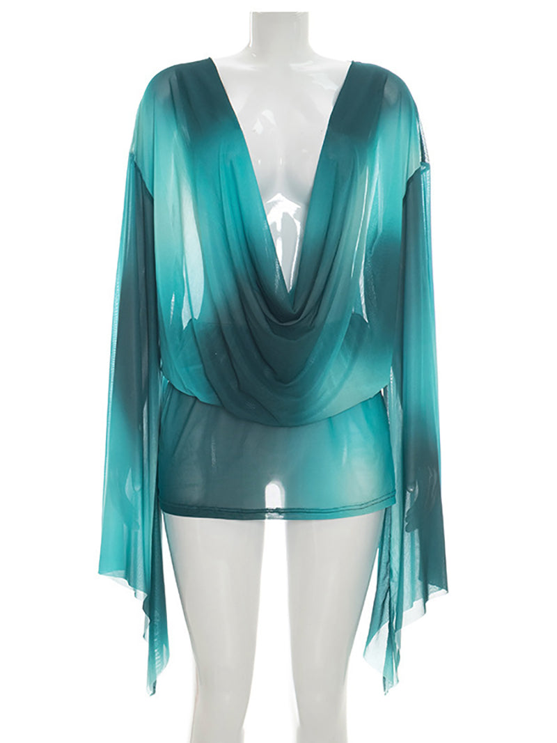 Fashion Cowl Neck Mesh Sheer Print Long Sleeve Mini Dress