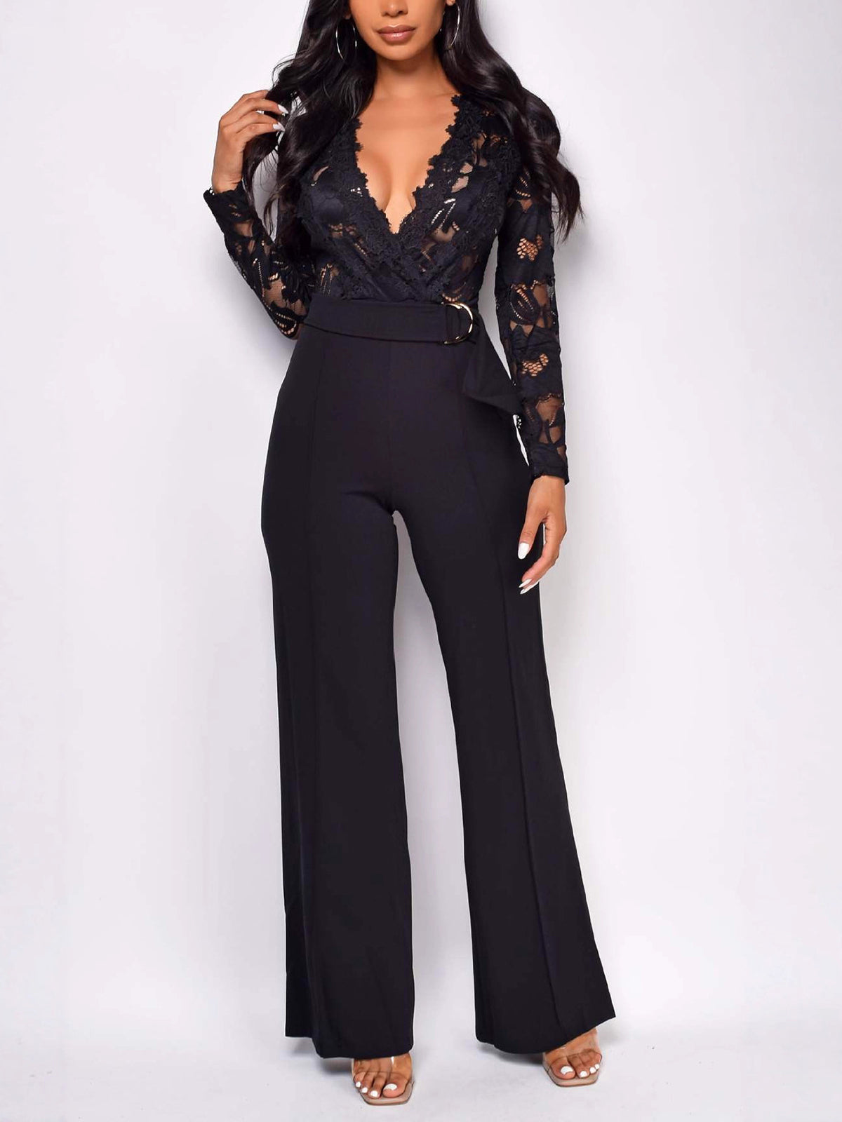 Elegant Deep V-neck See Through Lace Jumpsuit