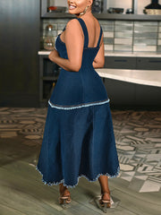Plus Size Frayed Trim Strap Denim Midi Dress