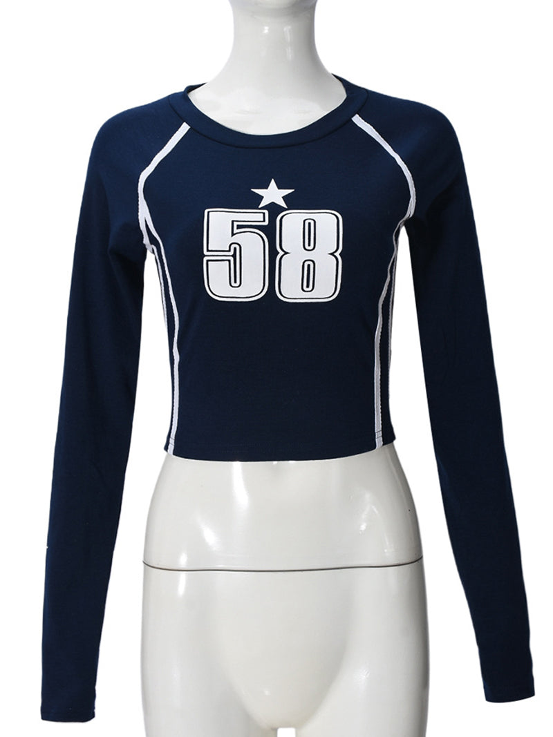 Casual Round Neck Star Number Graphic Crop T shirt