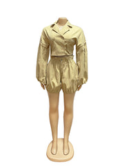 Fashion Turndown Collar Crop Top And Shorts Set