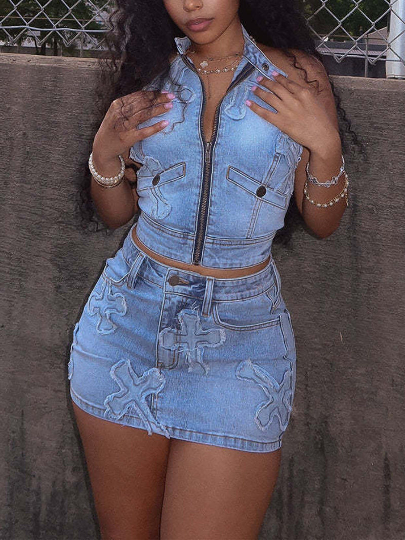 Stretch Embroidered Denim Vest and Mini Skirt Sets