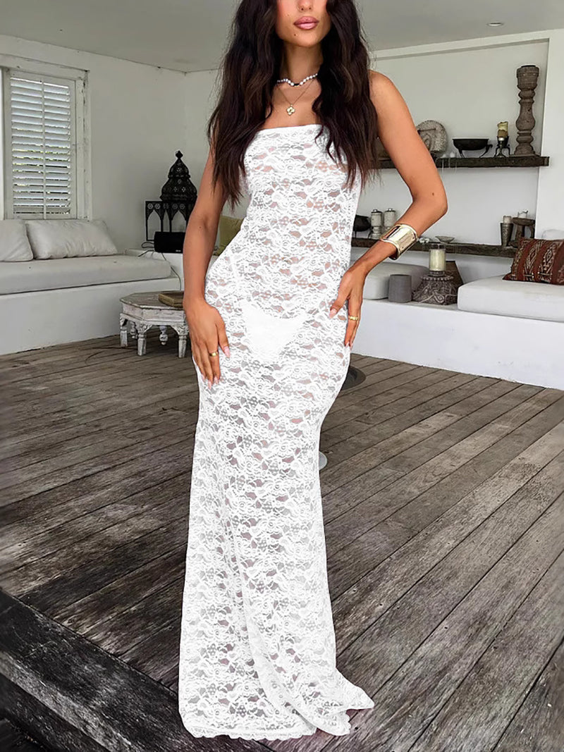 Sexy Lace Strapless See through Bodycon Maxi Dress