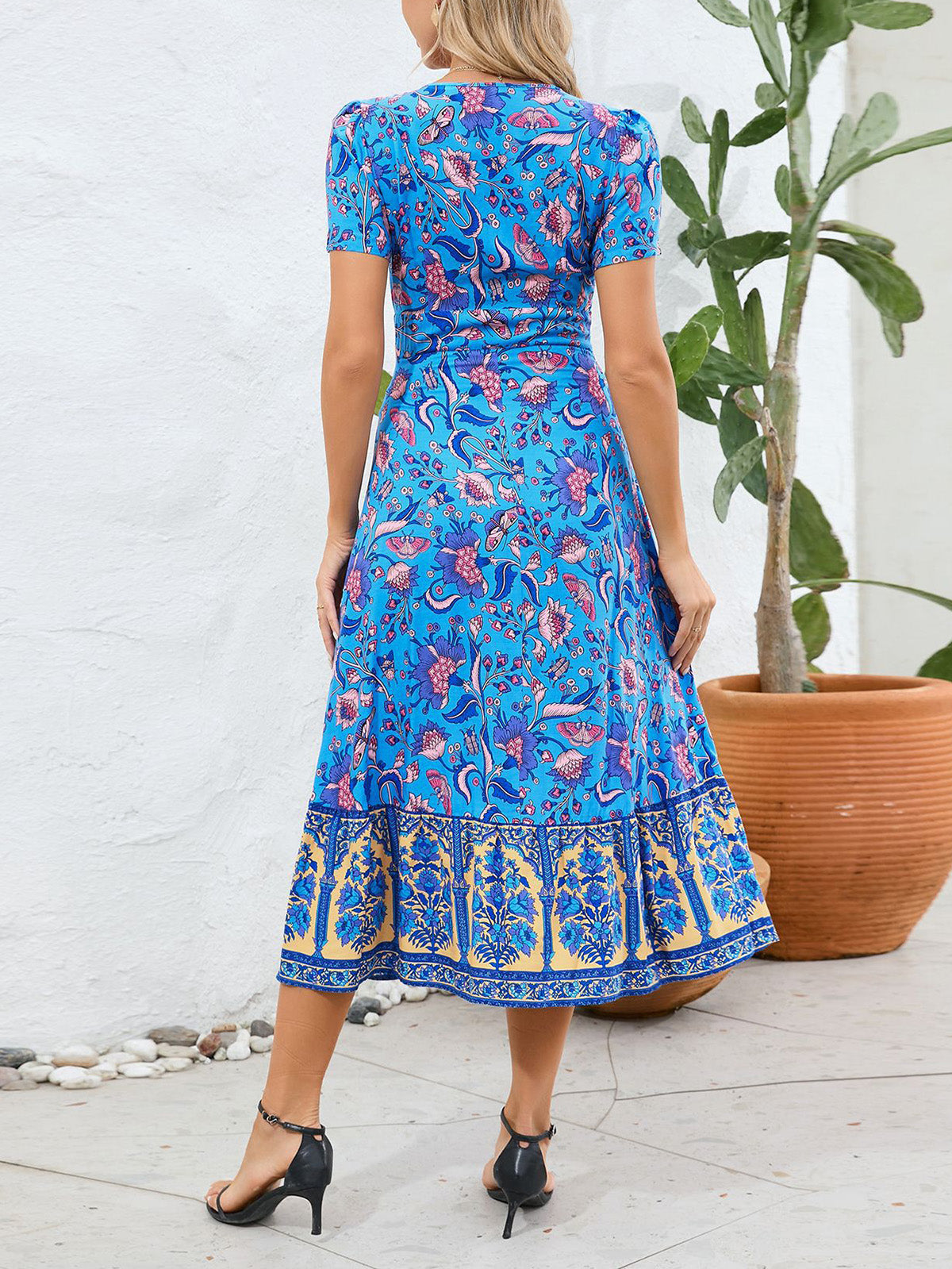 Casual V-neck Print Short Sleeve Slim Midi Dress