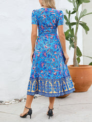 Casual V-neck Print Short Sleeve Slim Midi Dress