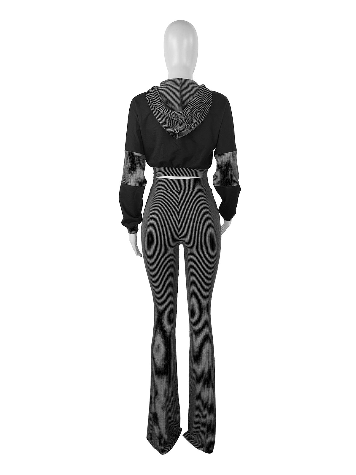 Casual Cropped Hoodie Ribbed Thigh Pants Sets