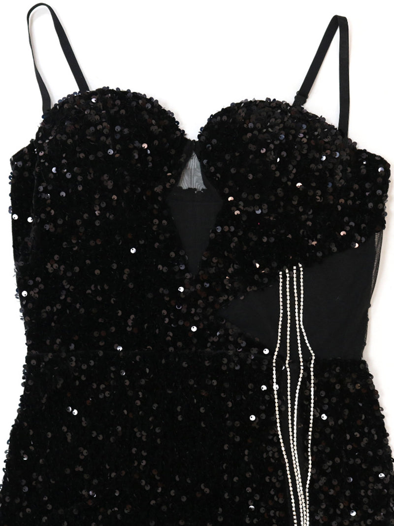 Sexy Patchwork Sequins Slit Spaghetti Strap Dress