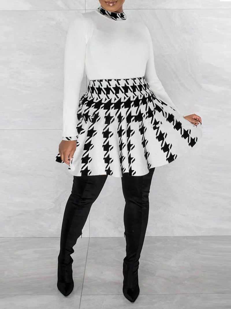 Long Sleeve Houndstooth Print Skirt Sets