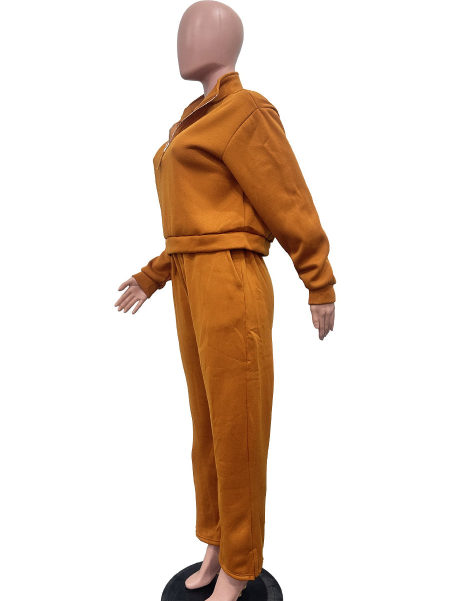 Casual Zipper Top Drawstring Pants Sports 2 Piece Set