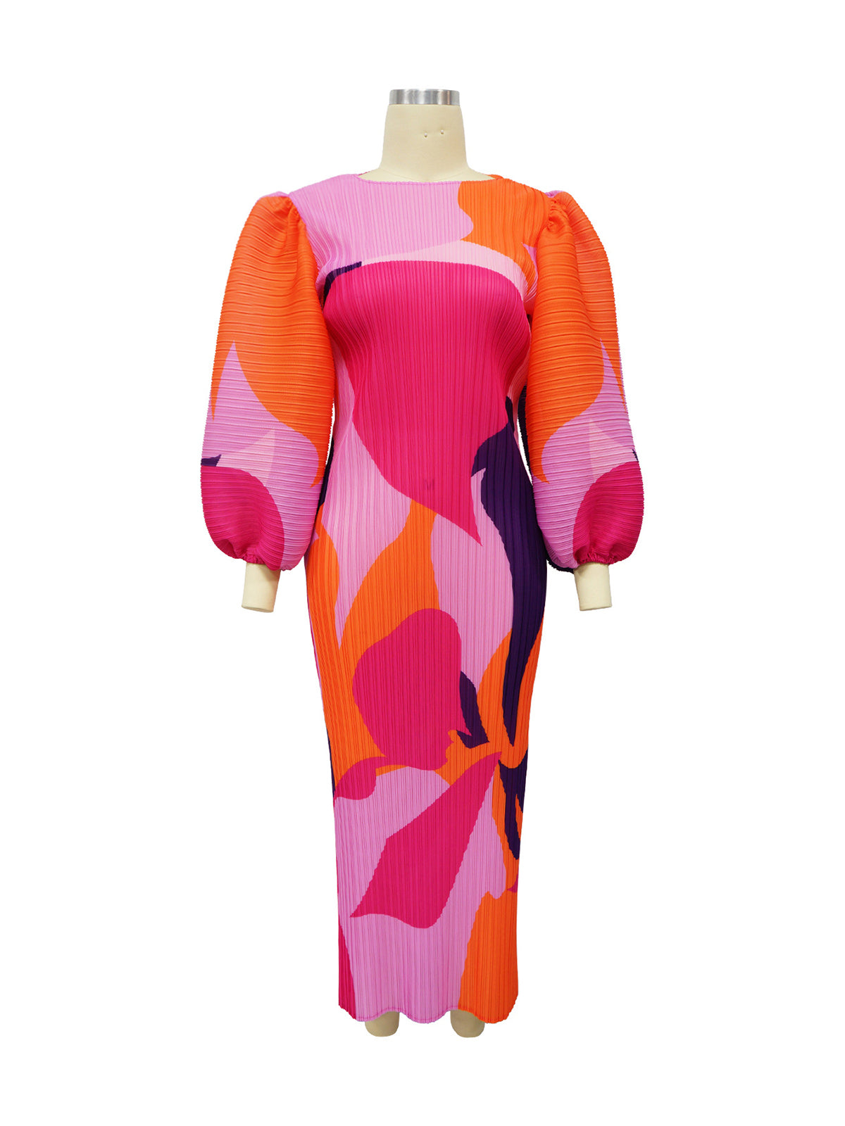 Print Ruched Lantern Sleeve Maxi Dress