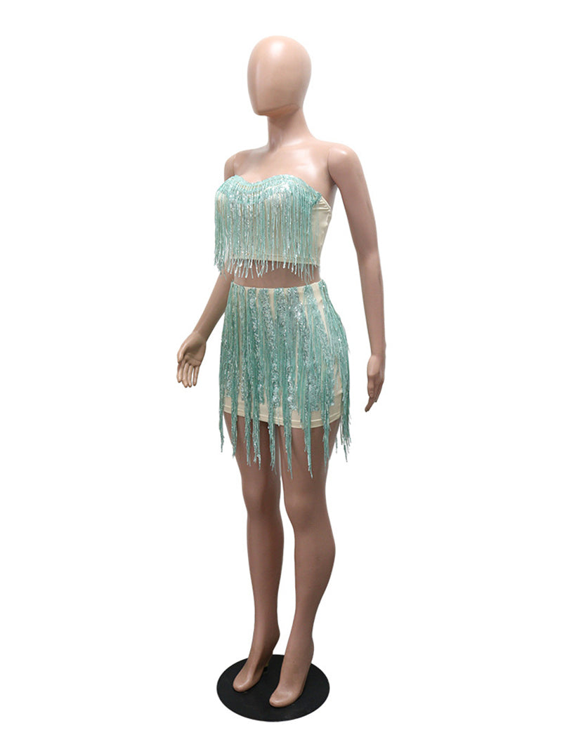 Fashion Sequin Tassel Package Hip Skirt Two Piece Set