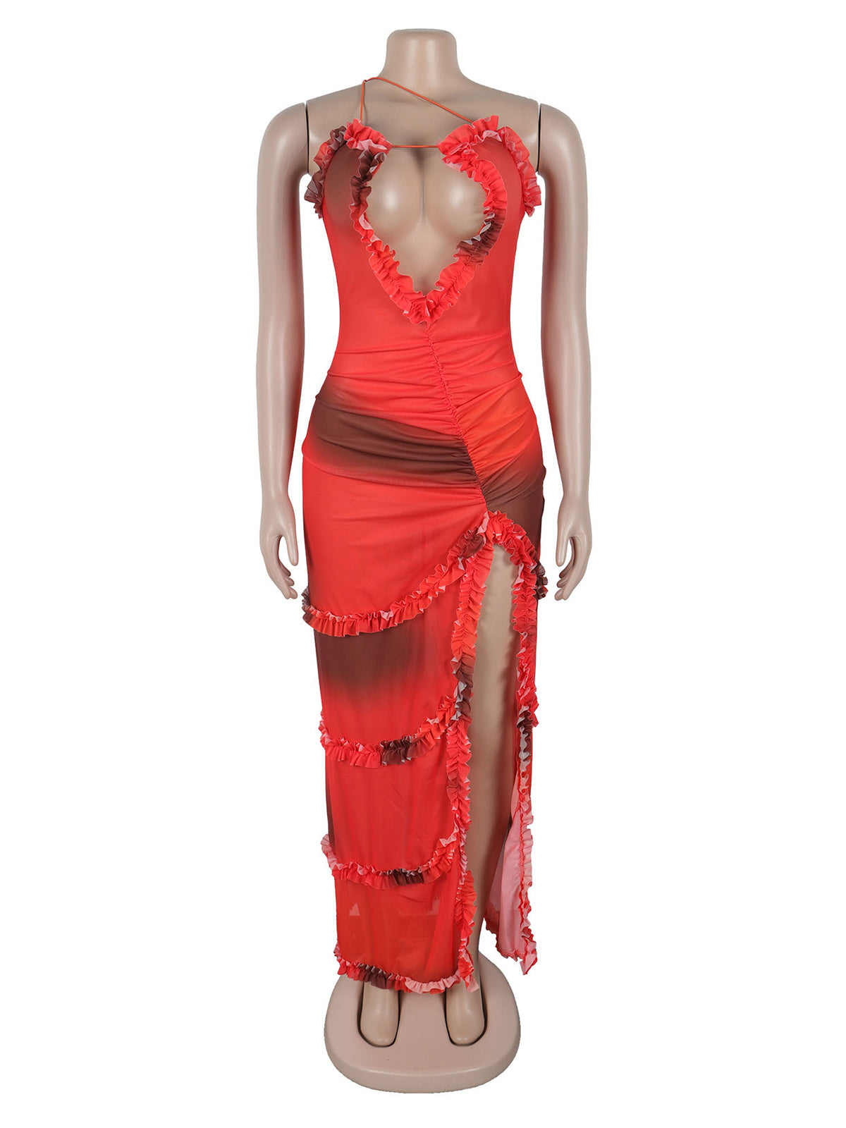 Stylish Print Ruffle High Split Spaghetti Strap Dress