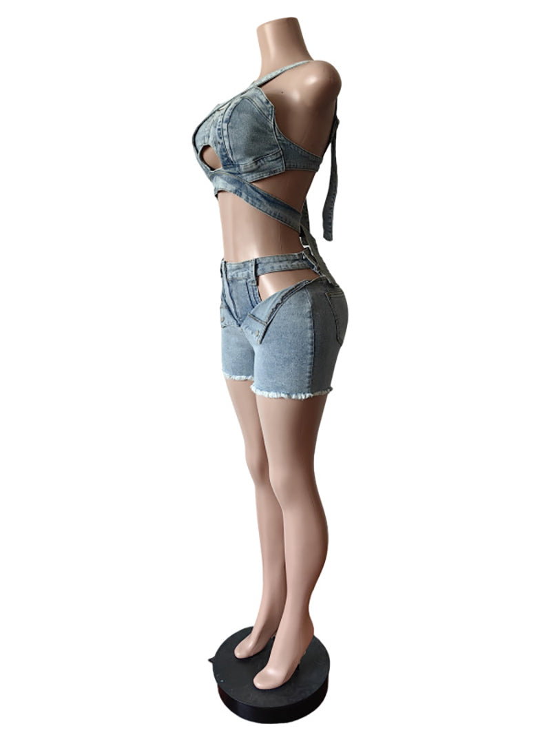 Fashion Hollow Out Bandage Denim Vest And Shorts Sets