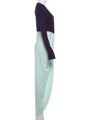 Fashion Deep V  Long Sleeve Contrast Color Knot Gown