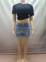 Casual High Waist Layered Frayed Denim Shorts