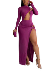 Sexy Hollow Out Bodysuit Split Long Skirt Set