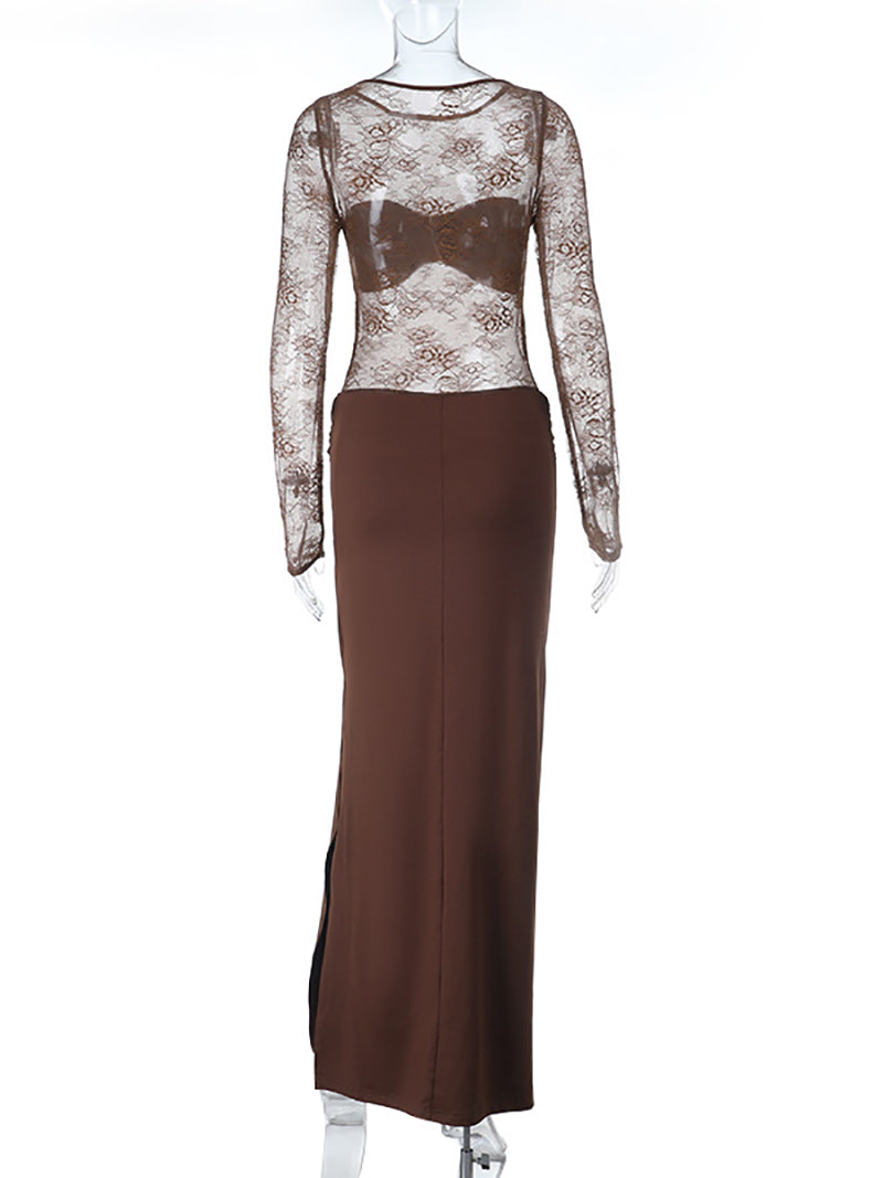 Round Collar Lace Patchwork See-Through Maxi Dress
