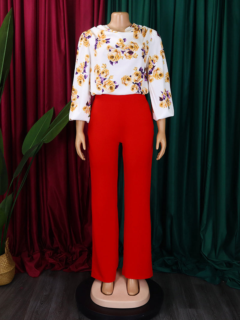 Elegant Rose Print Blouse And Wide Leg Pants Set