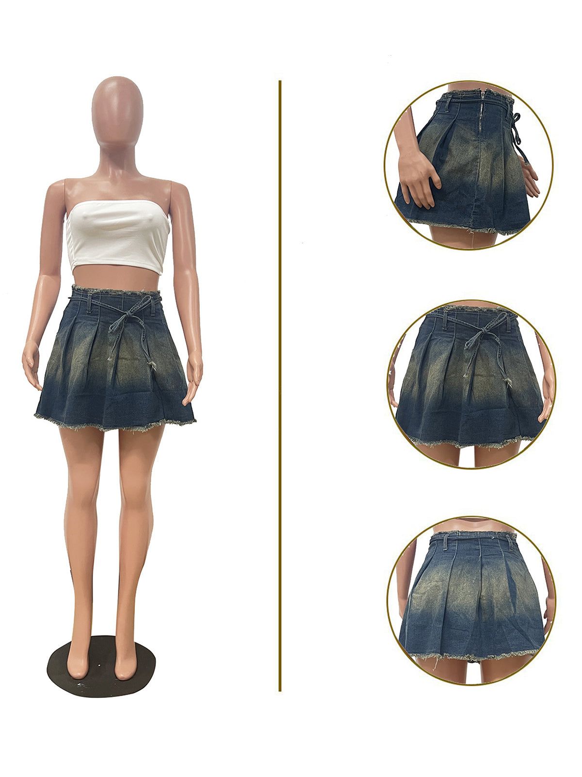 Casual High Waist Washed Denim Pleated Skirt