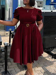 Plus Size Fashion Short Sleeve  Belted Slim Midi Dress