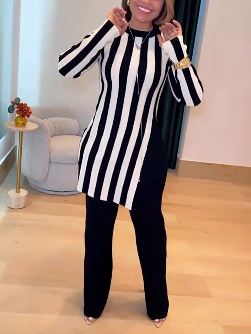 Stripe Slit Round Neck Tops Straight Leg Pants Sets