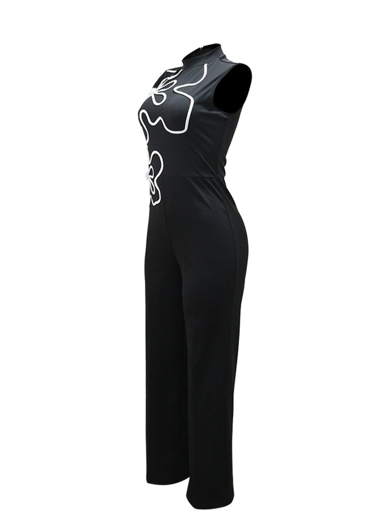 Elegant Round Neck Sleeveless Print Slim Jumpsuit