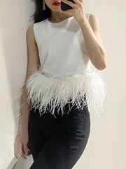 Casual Solid Color Sleeveless Feather Top