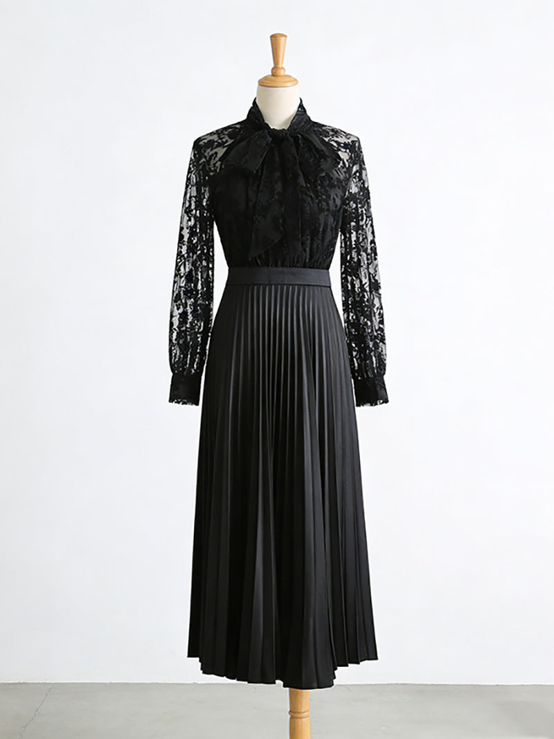 Fashion Hollow Embroidery Bow Lace-up Ruched Maxi Dress