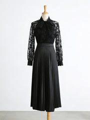 Fashion Hollow Embroidery Bow Lace-up Ruched Maxi Dress