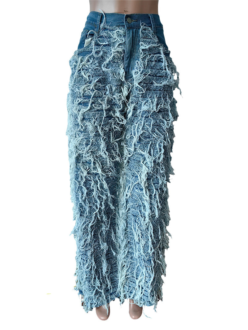 Fashion Tassels Elastic Straight Jeans