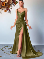 Satin V Neck Lace Up Back Slit Maxi Dress