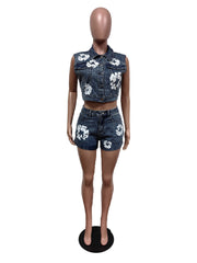 Casual Print Waistcoat Shorts Denim Set