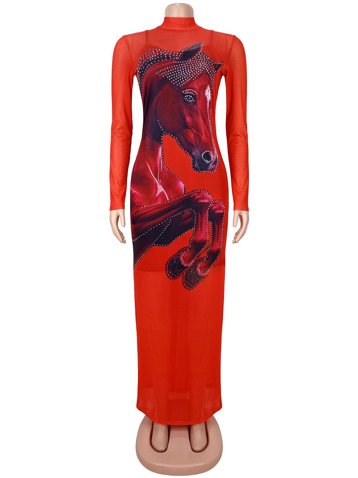 Sheer Mesh Print Rhinestone Embellishments Maxi Dress