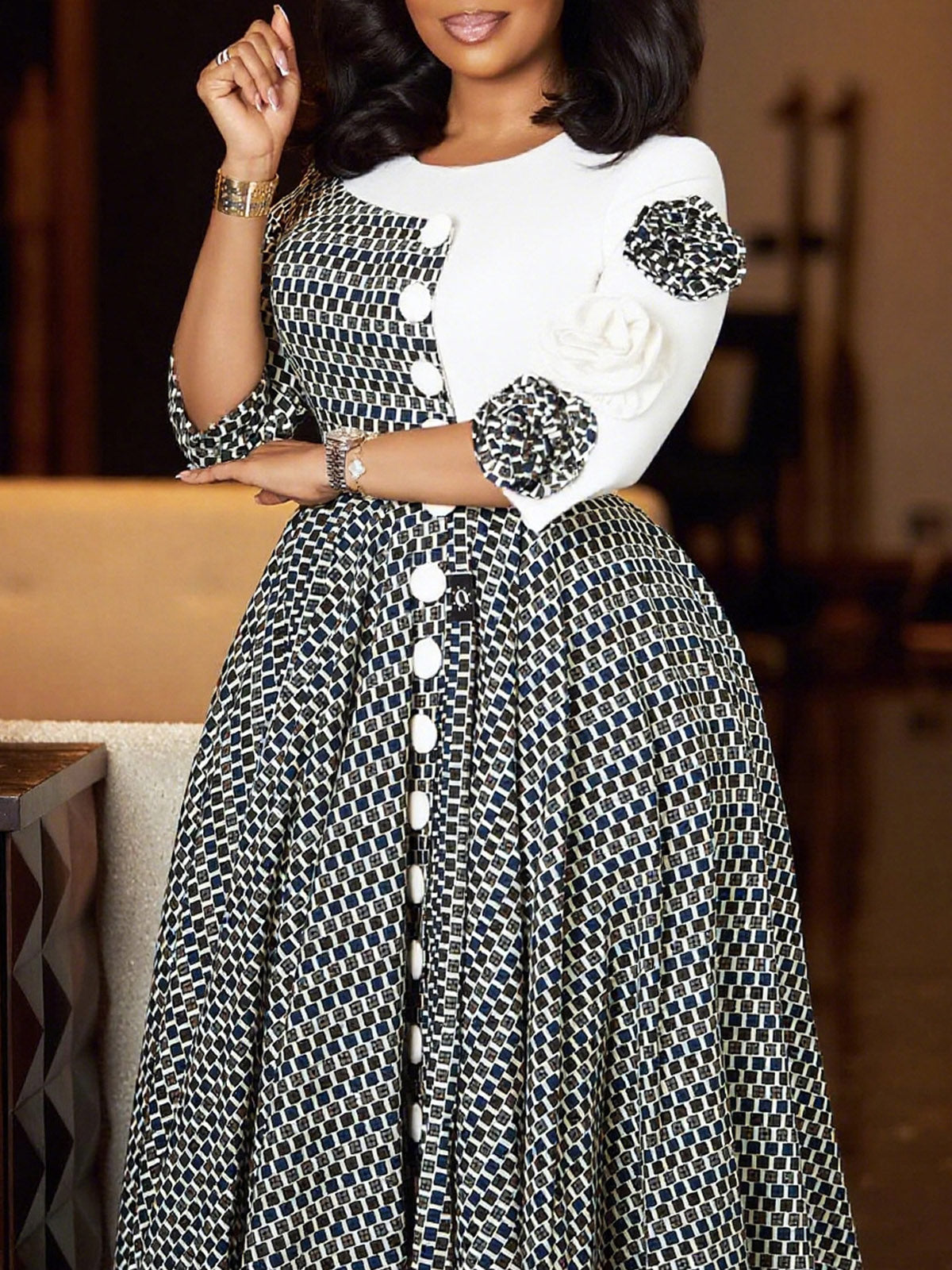 Elegant O Neck Cinched Waist Maxi Dress