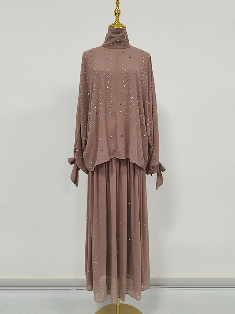 Elegant Stand Neck Rhinestone Top High Waist Skirt Sets