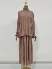 Elegant Stand Neck Rhinestone Top High Waist Skirt Sets