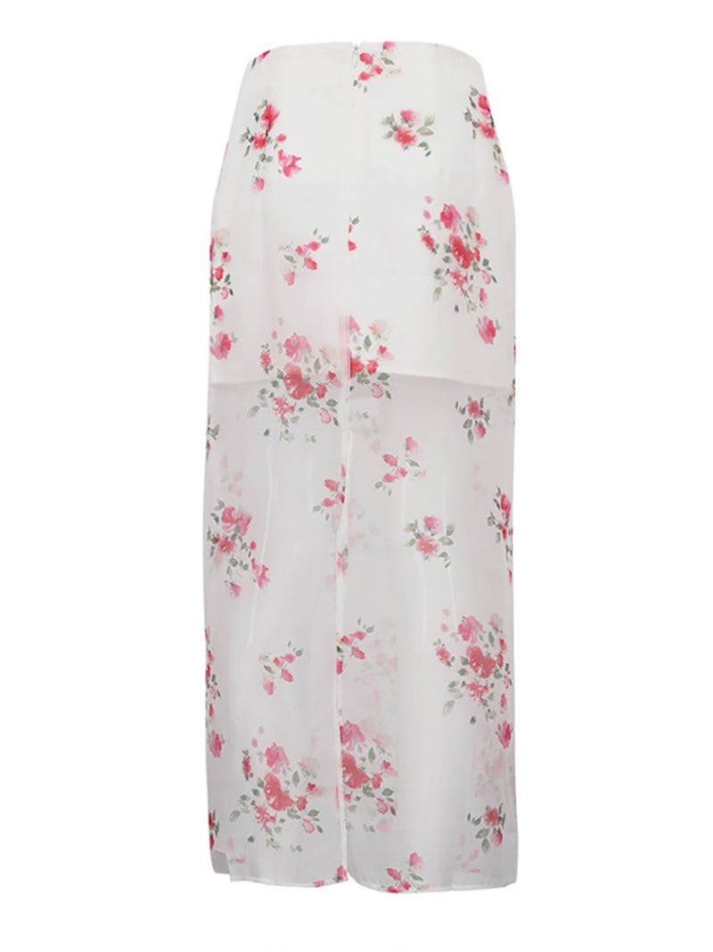Fashion Sheer Mesh Floral Print Maxi Skirt