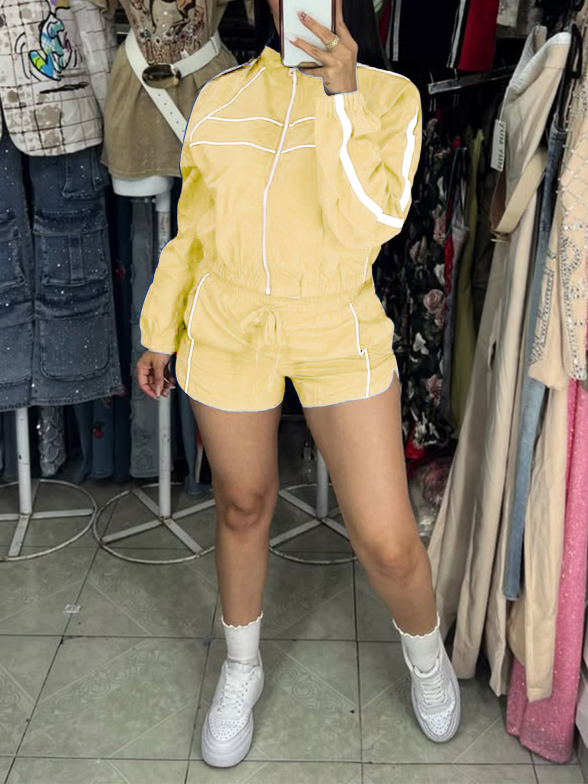 Casual Zipper Sweatshirt Drawstring Shorts Two Piece