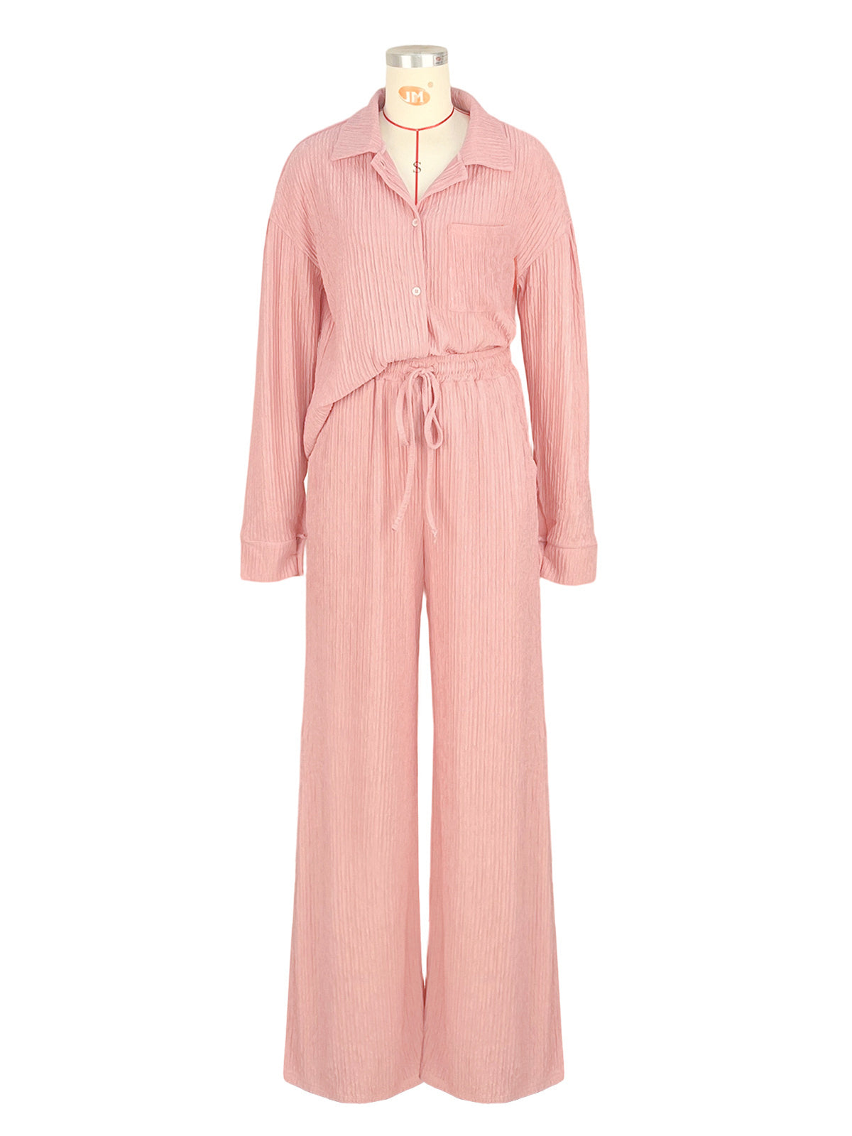 Button Front Lettuce Trim Shirt Wide Leg Pants Sets