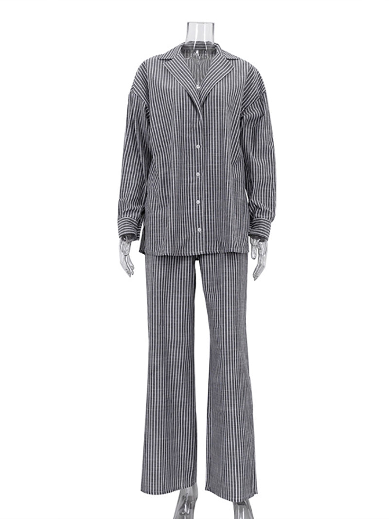 Casual Striped Loose Shirt Wide Leg Pant Set