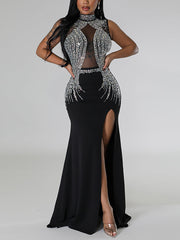 Mesh Rhinestone Sleeveless Evening Party Maxi Dress