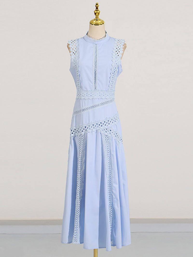 Elegant Lace Patchwork Sleeveless Midi Dress