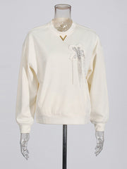 Round Neck Casual Loose Rhinestone Decor Hoodie
