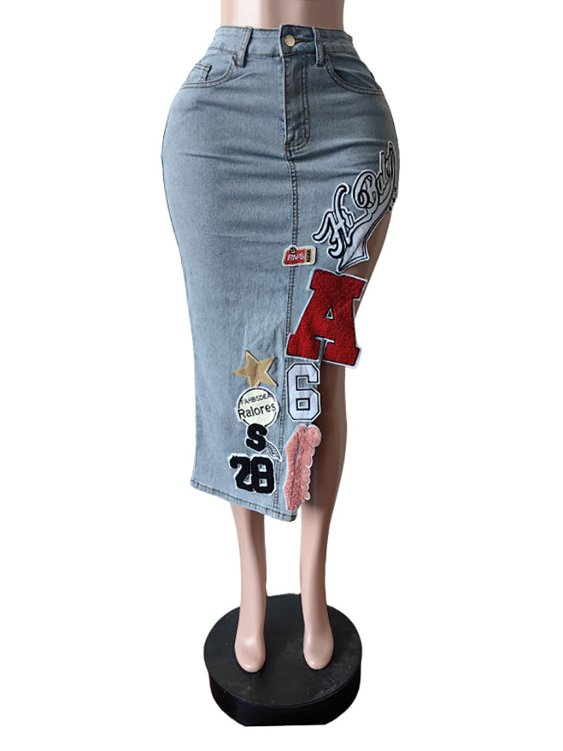 Casual Patch Letter Embroider High Split Denim Skirt