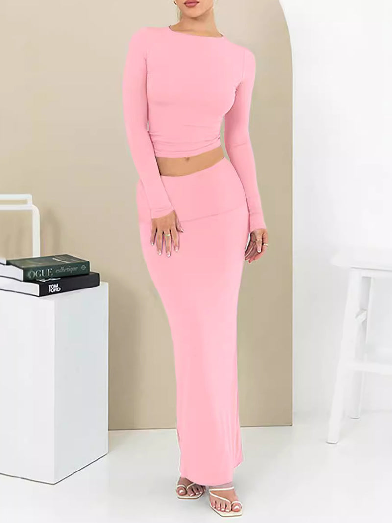 Long Sleeve Bodycon Pullover Top Maxi Skirt Set