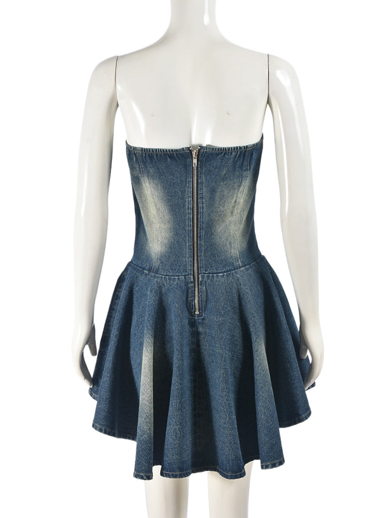 Fashion Lace-Up Strapless Denim Mini Dress