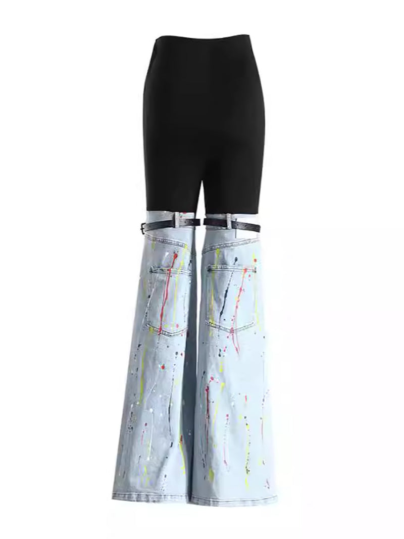 Gothic Color Matching Denim Trousers Flared Pants