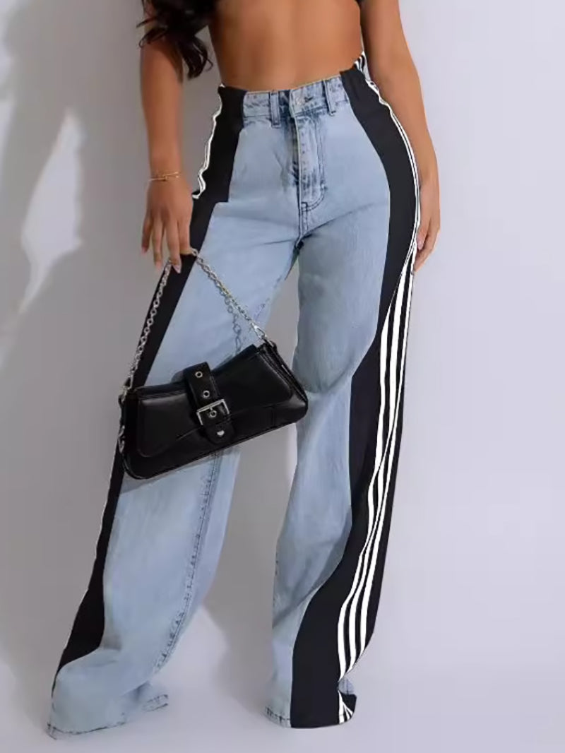 Fashion Patchwork Stripe Elastic High Waist Jeans